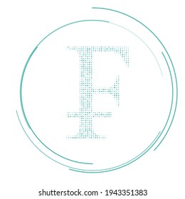 The franc symbol filled with teal dots. Pointillism style. Vector illustration on white background