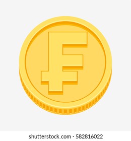 Franc symbol on gold coin, money sign vector illustration on white background
