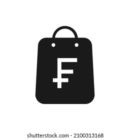 Franc symbol on shopping bag icon design isolated on white background. Vector illustration