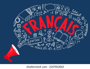 Francais. Megaphone with language doodle. "French,bonjour,parlez,qui,nous,pas,verbes,c'est,je,tu,il,belle,Futur immédiat". Trans.:Hello,speak, who,we, not, verbs,it is,I,you,he,beautiful,Future Simple