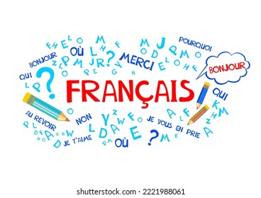 Francais. Translate: "French".  Language education. Сoncept of learning French language flat vector illustration.