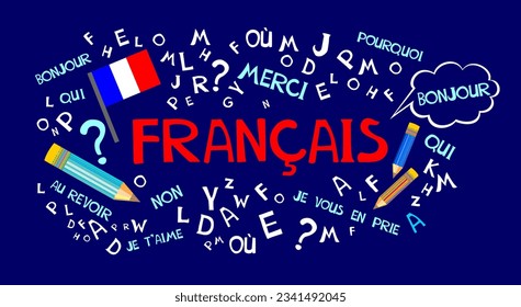 Francais. Translate: "French".  Language education. Сoncept of learning French language flat vector. Illustration for book, dictionary, vocabulary, speaking, reading, writing, listening skills. 