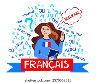 Francais. Translate: "French".  Language education. Сoncept of learning French language flat vector. Illustration for book, dictionary, vocabulary, speaking, reading, writing, listening skills. 