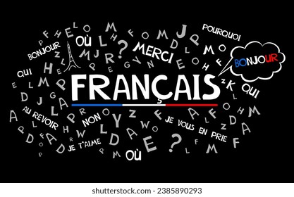 Francais. Translate: "French".  Language education. Сoncept of learning French language flat vector illustration.