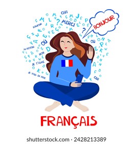 Francais. Translate: "French".  Language education. Сoncept of learning French language flat . Illustration for book, dictionary, vocabulary, speaking, reading, writing, listening skills. Vector