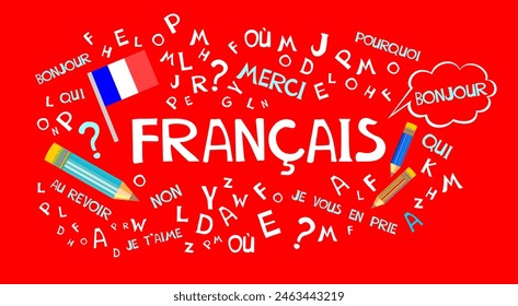 Francais. Traducir: "francés".  Educación lingüística. СConcepto de aprendizaje de francés de Vector plano. Ilustración para el libro, diccionario, vocabulario, hablar, leer, escribir, habilidades de escucha. 