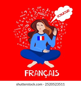 Francais. Traduzir: "Francês". Ensino de línguas. Сconceito de aprendizagem de língua francesa flat . Ilustração para livro, dicionário, vocabulário, fala, leitura, escrita, habilidades de escuta.