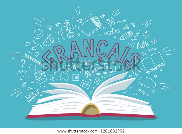 Francais. Translate: "French". Open book with language hand drawn doodles and lettering. Language education vector illustration.