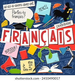 Francais. Traducción: Francés; gracias; Buenos días; gramática; ¿Hablas francés? Lo soy; Lo eres; Él, ella lo es; lo siento. Concepto de francés. 