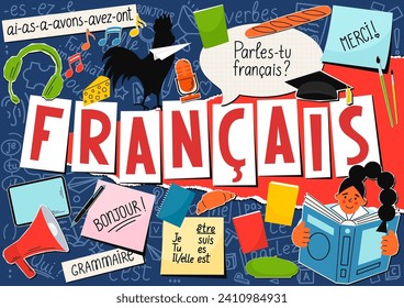 Francais. Translation: French; thank you; Good morning; grammar; Do you speak French; I am; You are; He, she is; have. French language concept. 