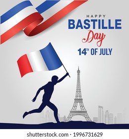 France. 14 th of July. Happy Bastille Day. silhouette man running with flag. vector illustration	
