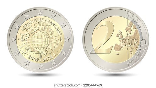 France. 2 Euro coin. 10 Years of the Euro, 2012. Reverse and obverse of France two euro coin. Vector illustration isolated on white background.