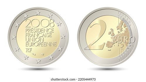 France. 2 Euro coin. French Presidency of the Council of the European Union. Reverse and obverse of France two euro coin. Vector illustration isolated on white background.