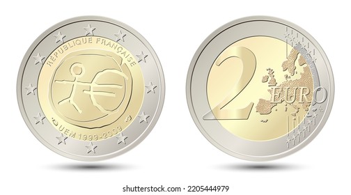 France. 2 Euro coin. Ten years of Economic and Monetary Union. Reverse and obverse of France two euro coin. Vector illustration isolated on white background.