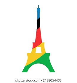 Frankreich 2024. Französischer Eifelturm in Paris. Symbol für Sportspiele. Abbildung von farbigen Ringen. Sommerspiele Vektorgrafik-Logo.