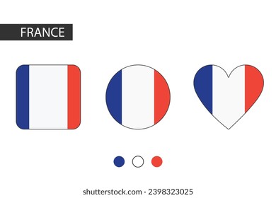 France 3 shapes (square, circle, heart) with city flag. Isolated on white background.