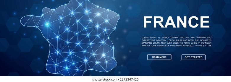 France 3d low poly head promotion banner. France map design illustration concept. Horizontal polygonal Country map poster illustration