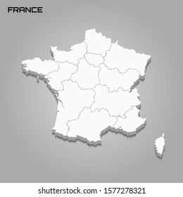 France 3d map with borders of regions. Vector illustration