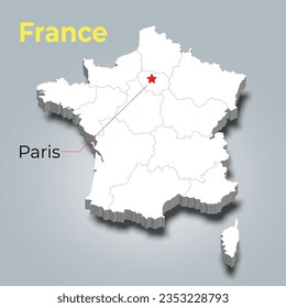 France 3d map with borders of regions and it’s capital