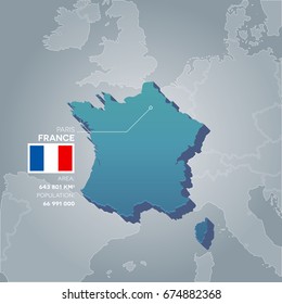 France 3d map with information of area and population of the country.