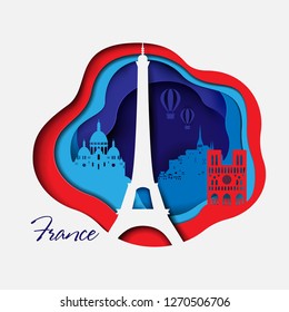 France 3d paper cut background. Abstract Shapes with Tourist Attractions in France in red and blue colors. Design for decoration, travel presentation, posters, flyers, prints. Vector illustration.