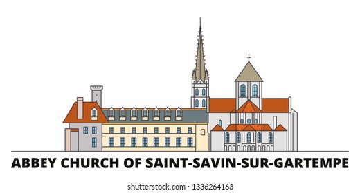 France, Abbey Church Of Saint Savin Sur Gartempe Landmark flat landmarks vector illustration. France, Abbey Church Of Saint Savin Sur Gartempe Landmark line city with famous travel sights, skyline