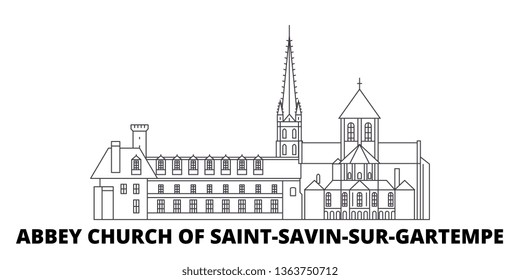 France, Abbey Church Of Saint Savin Sur Gartempe Landmark line travel skyline set. France, Abbey Church Of Saint Savin Sur Gartempe Landmark outline city vector illustration, symbol, travel sights