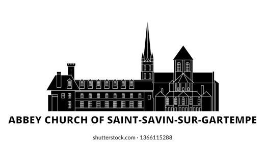 France, Abbey Church Of Saint Savin Sur Gartempe Landmark flat travel skyline set. France, Abbey Church Of Saint Savin Sur Gartempe Landmark black city vector illustration, symbol, travel sights