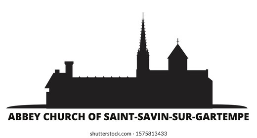 France, Abbey Church Of Saint Savin Sur Gartempe Landmark city skyline isolated vector illustration. France, Abbey Church Of Saint Savin Sur Gartempe Landmark travel black cityscape