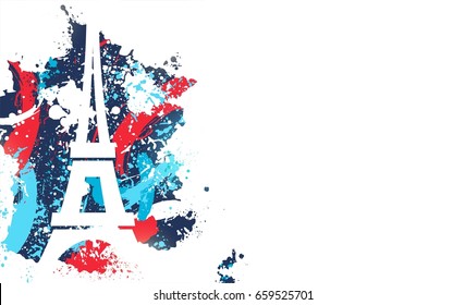 France abstract background. France map, silhouette of eiffel tower and paint/ink splashes in colors of France national flag. Vector illustration