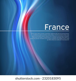 France abstract flag background. Blurred pattern of light colors lines of the french flag in the blue sky, business brochure design. State banner, france poster, patriotic flyer, cover. Vector