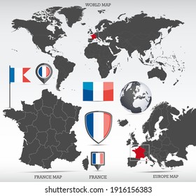 France administrative divisions map, Earth globe, World and Europe maps showing country location and France flags icon set.