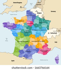 France administrative regions and departments vector map with neighbouring countries and territories
