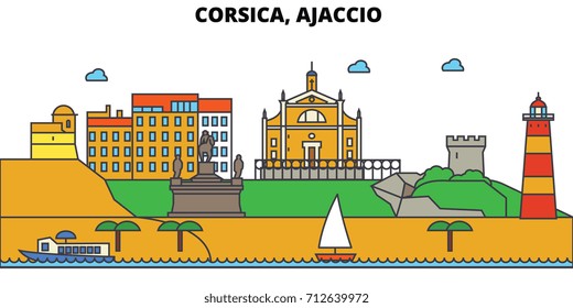 France, Ajaccio, Corsica. City skyline: architecture, buildings, streets, silhouette, landscape, panorama, landmarks. Editable strokes. Flat design line vector illustration concept. Isolated icons set