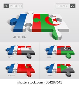 France and Algeria, Egypt, Libya, Morocco, Sudan Flag. 3d vector puzzle. Set 22.