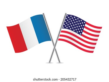 France and America crossed flags. French and American flags isolated on white background. Vector icon set. Vector illustration.
