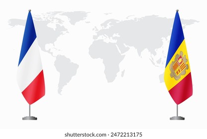 France and Andorra flags for official meeting against background of world map.