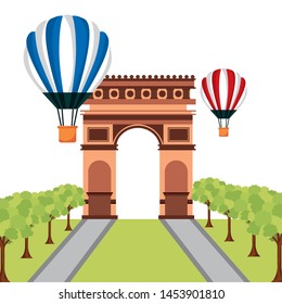 france arch triumph air balloons happy bastille day flat design vector illustration