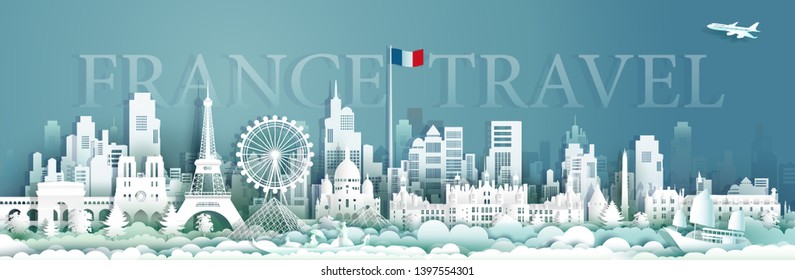 France architecture travel with sailboat and gondola, Landmarks of paris in French country, Tour cityscape with panorama view and French flag, Origami paper cut style for travel poster and postcard.