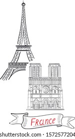 France, architecture , travel vector isolated illustration and red lettering on white background . Concept for cards, print, invitation .