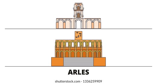 France, Arles flat landmarks vector illustration. France, Arles line city with famous travel sights, skyline, design. 