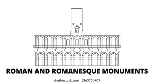 France, Arles, Roman And Romanesque Monuments Landmark line travel skyline set. France, Arles, Roman And Romanesque Monuments Landmark outline city vector illustration, symbol, travel sights