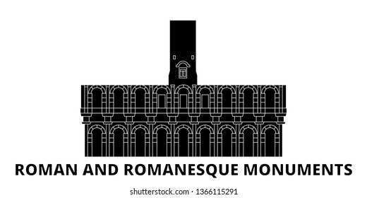 France, Arles, Roman And Romanesque Monuments Landmark flat travel skyline set. France, Arles, Roman And Romanesque Monuments Landmark black city vector illustration, symbol, travel sights, landmarks.