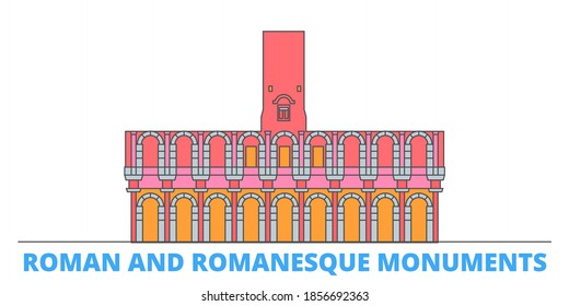 France, Arles, Roman And Romanesque Monuments Landmark line cityscape, flat vector. Travel city landmark, oultine illustration, line world icons