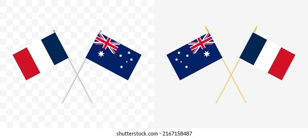 France and Australia crossed flags. Pennon angle 28 degrees. Options with different shapes and colors of flagpoles - silver and gold. Example of flags on transparent background. Vector illustration