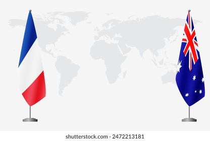 France and Australia flags for official meeting against background of world map.