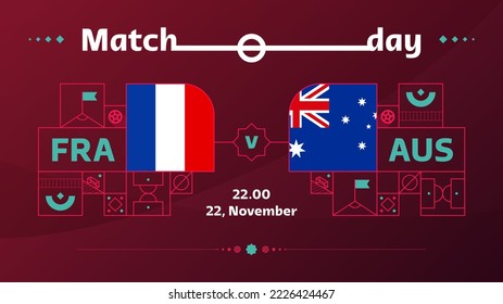 partido de fútbol de francia australia 2022. Partido del Campeonato Mundial de Fútbol 2022 frente a equipos con antecedentes deportivos, afiche de la competencia del campeonato, ilustración del vector.