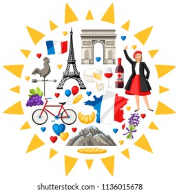 France background design. French traditional symbols and objects.
