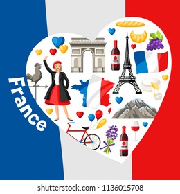France background design. French traditional symbols and objects.