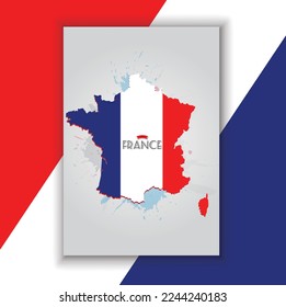 France background map design. France national day banner design. French flag and map theme with Paris Eiffel tower background. Abstract geometric retro shapes of red and blue color. La France Presiden